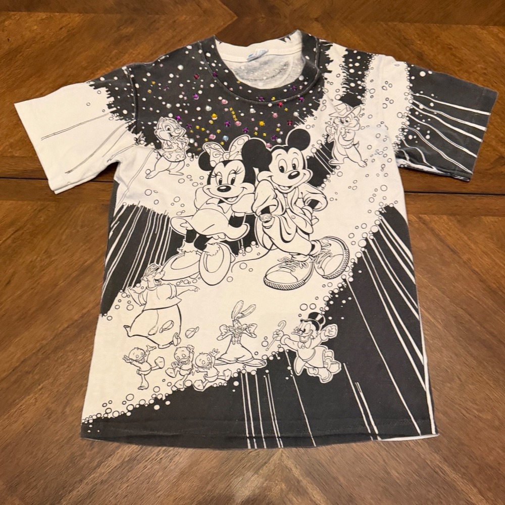 Vintage Disney World On Ice All Over Print Rhinestone T-Shirt Mickey Ariel OSFA